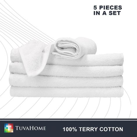 Serviette Hôtel - Lot De 5 - Coton Éponge 100% - Absorption Rapide - Spa Sauna Gym - Blanc 30x50 Cm (1/5)