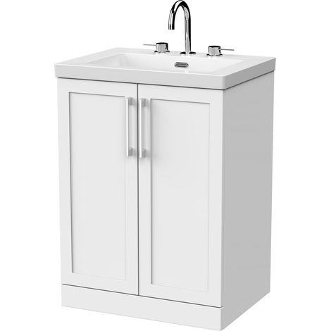 Stonnall Traditional Floor Standing 2 Door Vanity Unit with 3 Tap Hole Fireclay Basin, 600mm, Matt White (1/4)