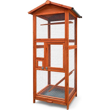 Wiltec Voliera per uccelli in legno 72 x 63 x 168 cm, gabbia per uccelli con posatoi e cassetto di raccolta escrementi, gabbia per pappagalli con tetto e 2 porte (1/5)