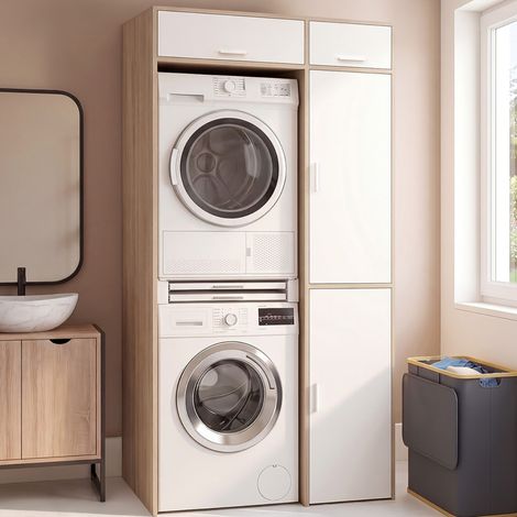 Mueble de lavadero con lavadora y secadora apiladas WALLIS, con armario de almacenamiento en madera y blanco