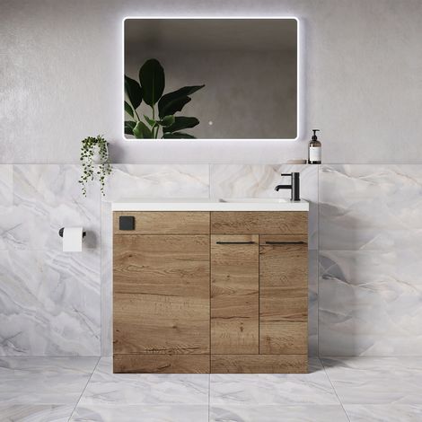 Napoli 250 Tobacco Oak 1000mm 2 Door Vanity Unit Toilet Suite with Round Silvo Basin - 1000mm - Matt Black 160mm HandleWithout Jubilee Toilet Pan