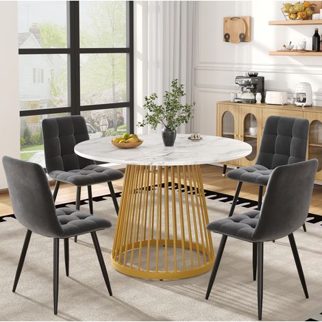 FLORAGRACE Ensemble table à manger en MDF blanc 5 pièces, table ronde 80 cm avec 4 chaises en velours gris foncé (1/5)