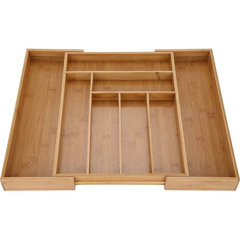 Rangement à couverts extensible en bambou naturel, tiroir organisateur de cuisine ajustable 43-50cm, compartiments multiples pour ustensiles (1/5)