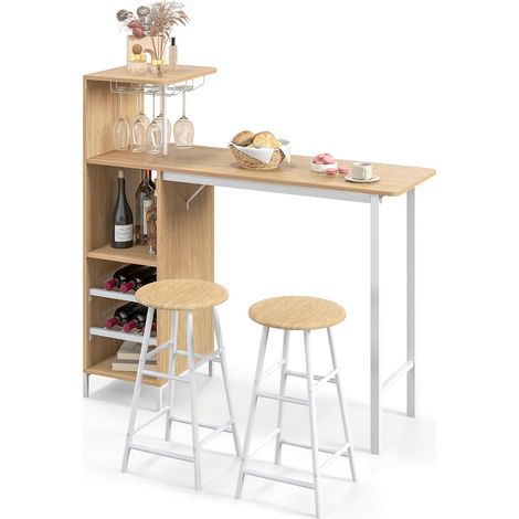 GOPLUS Set Table à manger&2 Chaise, Ensemble 3 Pièce,120 x 40 x 35cm, Etagère à Vin à 2 Niveaux&Etagère de Stockage Ouverte,Naturel (1/5)