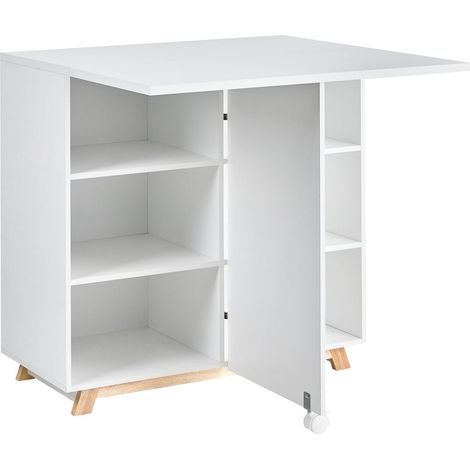 Fold Down Desk with Storage White Particle Board Hidden Desk Cabinet Open Shelves FLOMOT