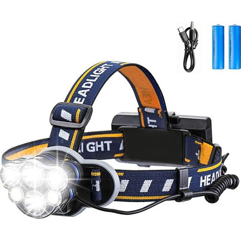 Linterna frontal LED superbrillante, recargable, con 6 LED, 12 000 lm, 8 modos de iluminación y cable USB