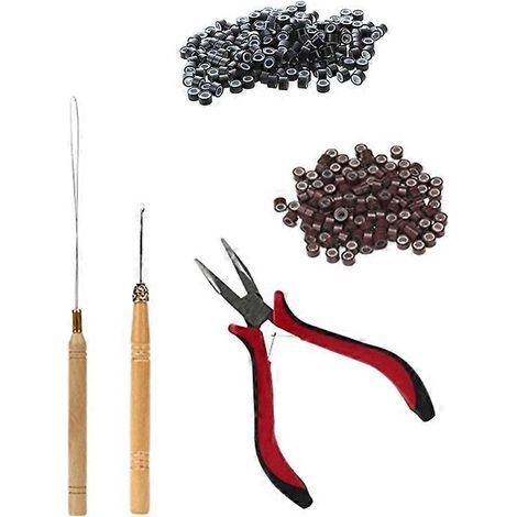 1 kit d'outils pour extensions de cheveux comprenant une pince, un crochet et une goupille de traction, ainsi que 200 micro-anneaux noirs de 5 mm doublés de silicone. (1/5)