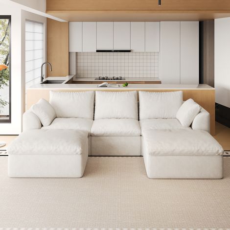 Canapé panoramique en U 5 places 245x155 cm, canapé nuage en tissu lin blanc beige, mousse haute élasticité compressée, assise profonde, sans montage (1/5)