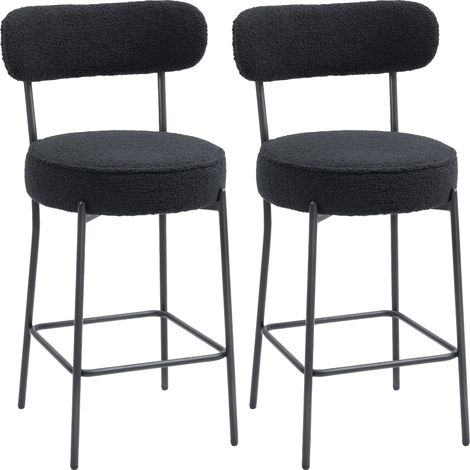 Set di 2 sgabelli da bar in tessuto bouclé, con schienale curvo e poggiapiedi, dimensioni 49x52x95 cm, colore nero.
