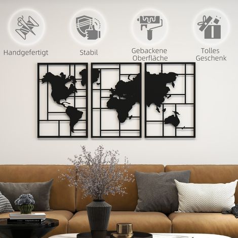 Décoration murale en métal 3 pièces, carte du monde artistique pour salon chambre couloir, 50 x 80 cm, noir (1/5)