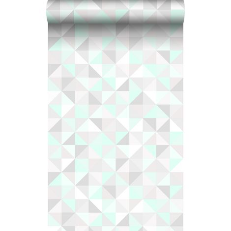 papier peint triangles vert menthe pastel, gris chaud clair, blanc mat et vert émeraude brillant  - Origin Wallcoverings (1/5)