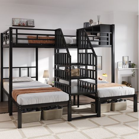 Etagenbett modern 90x200/140x200 cm aus Metall und Holz in Schwarz, 3 Schlafplätze, Treppe mit Handläufen, Stauraum (1/5)