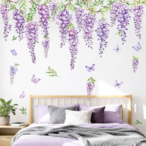 Stickers Muraux Fleurs Violette Grand Autocollant Mural Floral Fleur de Glycine Doré Feuilles Plante Décoration Murale Chambre Enfants Salon TV Mur Cuisine (1/5)