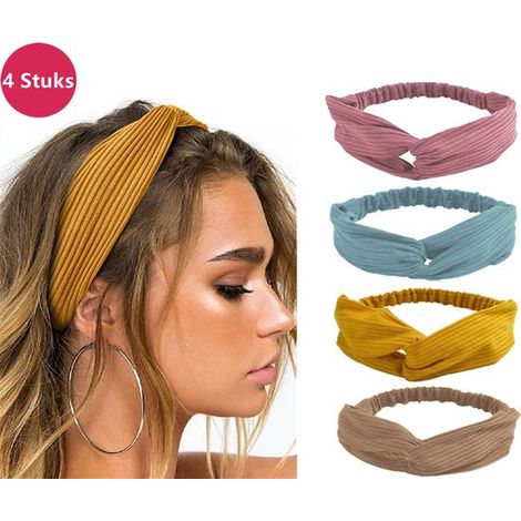 Lot de 4 bandeaux pour femme et fille - Bandeaux tricotés croisés - Bandeaux élastiques - Accessoires cheveux - Pour yoga, sport et quotidien - 2 couleurs (1/5)