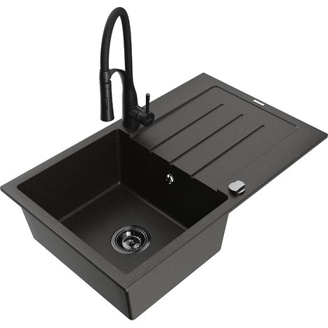 Mexen Bruno lavello da cucina in granito a 1 vasca con sgocciolatoio e rubinetto Aster, nero/oro metallizzato (1/5)