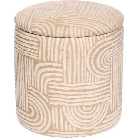 Pouf coffre en tissu avec motifs coloris beige - Diamètre 31 x Profondeur 31 x Hauteur 34 cm