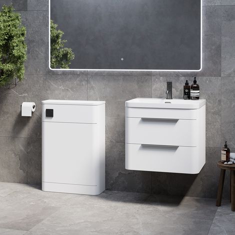 Oslo Gloss White 1150mm Wall Mounted Vanity Unit Toilet Suite with Fina Basin - 1150mm - Gunmetal Grey 300mm Finger PullWithout Jubilee Toilet Pan