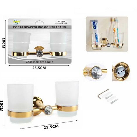 TrAdE Shop Traesio - Doppio Bicchiere Supporto Bagno Porta Spazzolino Denti Muro Dorato Oro Dgo-106 - (1/2)