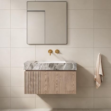 Meuble sous vasque 76 cm bois et vasque céramique gris clair (1/5)