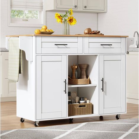 Carrello da cucina con tavolo estraibile, 2 cassetti, ripiano regolabile e 5 ruote, bianco, 145x70x94,5 cm (1/5)