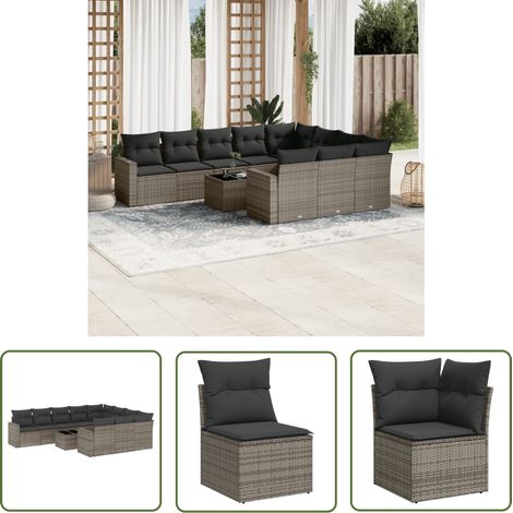 The Living Store 11-tlg. Garten-Sofagarnitur mit Kissen Grau Poly Rattan - Gartenmöbel Set - PE-Rattan Möbel - Outdoor Lounge - Esstisch Set - Balkonmöbel (1/5)