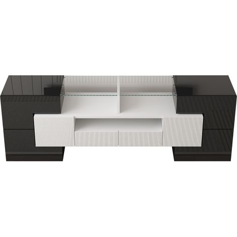 Mobile TV basso lucido bianco 145 cm con illuminazione LED e superficie in vetro (1/5)