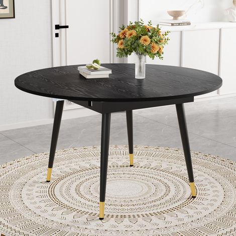Table à manger extensible moderne, passe de ronde à ovale, panneau MDF noir/noyer avec accents dorés, pieds métalliques stables, gain de place pour cuisine et salle à manger (1/5)