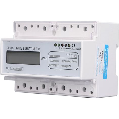 7-stelliger digitaler LCD-Stromzähler, 35-mm-DIN-Schiene, Drehstrom, 4-adrig, Verbrauchsanzeige, 3 x 20 (80) A (1/5)