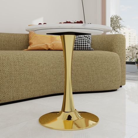 Table ronde 70cm effet marbre blanc veiné, design Mid-Century élégant, piètement doré stable, pour 2 à 4 personnes, plateau lumineux et résistant (1/5)