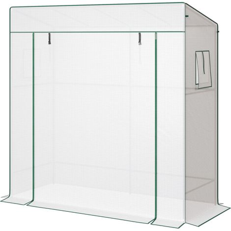 Serra da giardino, serra a parete addossata con 1 porta avvolgibile, copertura in PE rinforzato, 2 finestre, dimensioni 196L x 77W x 197/178H cm -Crezuo