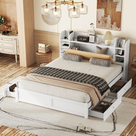 Letto in legno di pino bianco 180x200 cm con 4 cassetti, testiera contenitore e rete a doghe inclusa