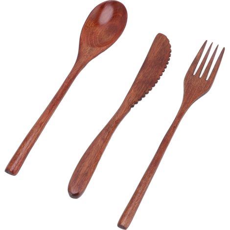 Kratzfestes, tragbares Holzbesteckset bestehend aus Löffel, Gabel und Messer, inklusive Box, ideal für Desserts, Salate und Nudeln. (1/5)