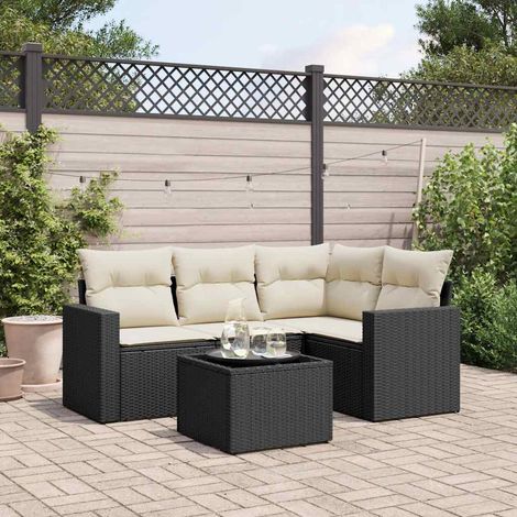 Salon de jardin 5 pièces en résine tressée noire avec rangements et coussins blanc crème - PANGIVO (1/3)