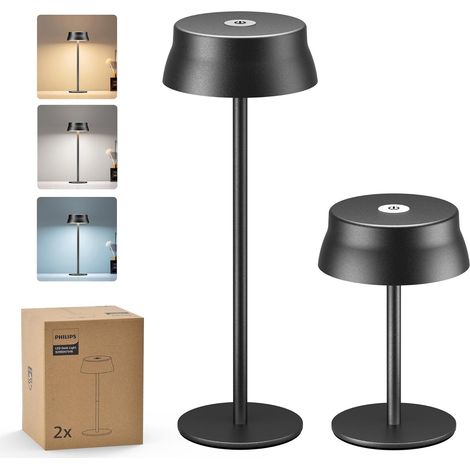 lot de 2 Lampe de Table Sans Fil, Bureau LED Portable pour Extérieur, Alimentée par Batterie Rechargeable, 2 Hauteurs Réglables, Contrôle Tactile et 3 Couleurs avec Gradation Continue (1/5)