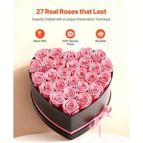 Roses Éternelles Préservées, 27 Roses Vraies en Coffret Cœur, Bouquet Immortel Cadeau Femme Mère Épouse, Anniversaire Saint-Valentin Noël, Rose (1/5)