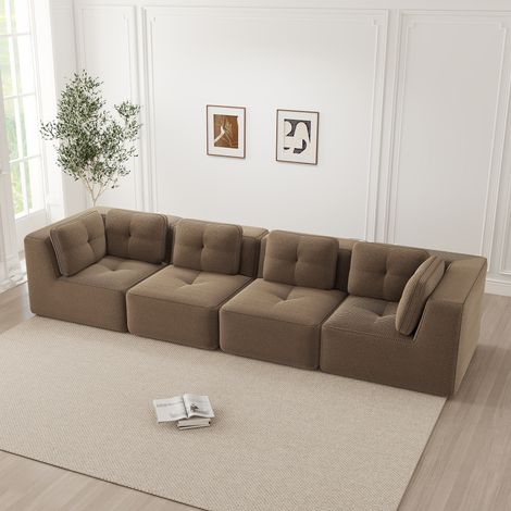 Canapé quatre places confortable modulaire sans cadre, coussins souples. Velours côtelé design antidérapant prêt à l'emploi, marron (1/5)