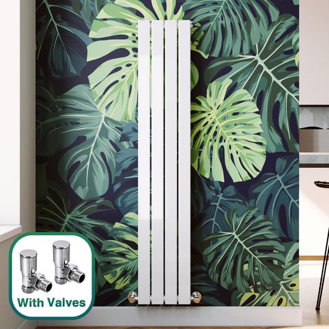 ELEGANT 1600 x 300 mm White Modern Tall Bar Radiator Efficient Rads Single Flat Panel Heater Radiators + Angled Radiator Valves Valves (1/5)