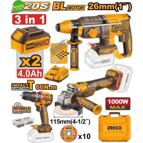 INGCO COSLI241198E Kit 3Pz Avvitatore + Smerigliatrice + Martello 2 Batterie 4Ah (1/2)