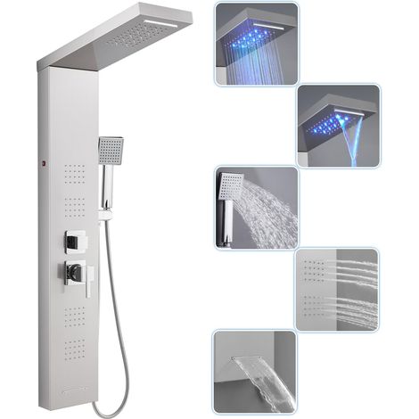 Panneau Colonne de Douche Hydromassante avec Robinetterie et LED, 5 Modes - Pomme de Douche Cascade et Pluie, Jets de Massage, Douchette et Bec de Baignoire, Brossée Acier Inox, Montage Mural (1/5)