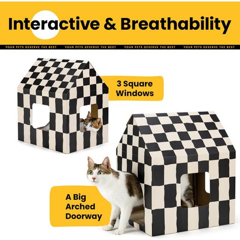 Maison de chat en carton avec griffoir intégré, abri confortable pour petit animal, refuge et grattoir deux en un pour chat, maisonnette de jeu design damier. (1/5)