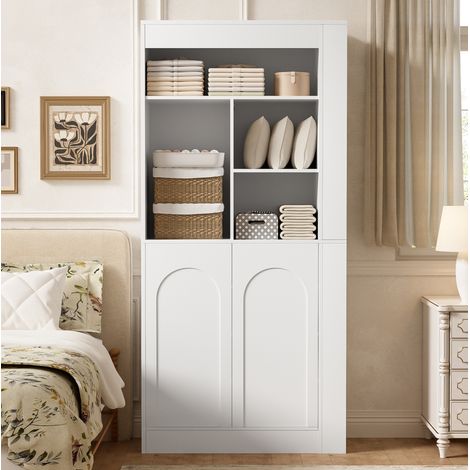 Armadio multiuso alto con ripiani aperti, 2 ante e scomparti laterali, bianco 85x35x180 cm HAVRYA (1/5)