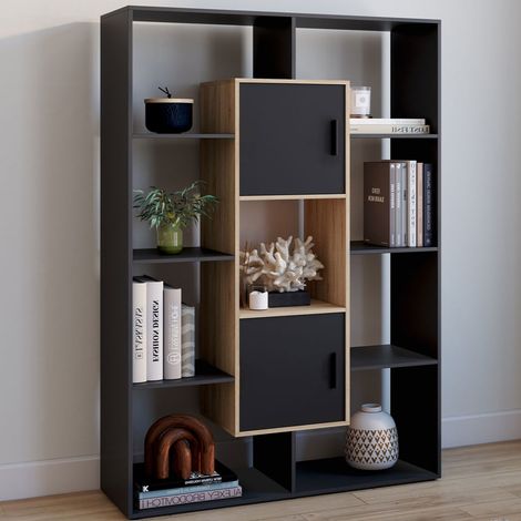 Estantería COLETTE con 11 compartimentos y 2 compartimentos negros y efecto madera H.143 cm (1/5)