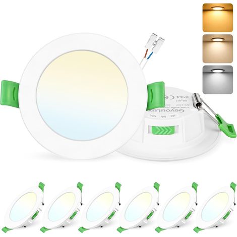 Lot de 6 Spot LED Encastrable 75-90mm, 7W Spots de Plafond Encastre Extra Plat 2700K/4000K/6500K Réglable, Intensité variable IP44 Spot Salle de Bain LED pour Salon Cuisine, Rond Blanc (1/5)