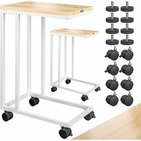 CASARIA® Mesa Auxiliar Lateral para Sofá Cama Ordenador Forma C Altura 70cm Tablero Madera 50x35cm Carga 40 kg 4 Ruedas Pies Ajustables Estructura Metal 2x Blanco