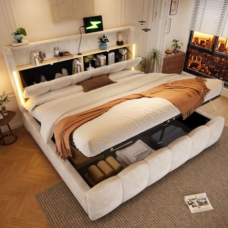 Letto contenitore 180x200 cm con illuminazione a LED, meccanismo di sollevamento idraulico, porte USB e Type-C, testiera contenitore, velluto - beige