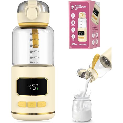 Calentador de biberones portátil, capacidad de 300 ml, inalámbrico, pantalla digital, vidrio de borosilicato, graduaciones claras, control de temperatura de 37 a 55 °C, batería de 15 000 mAh, para via (1/5)