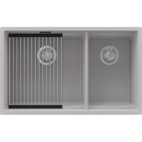 PRIMAGRAN Evier Cuisine en Granit 76x47cm,Lavabo 2 bacs + Kit de Vidage + Égouttoir Enroulable, Évier à Encastrer au meuble 80cm - Prague Slim Duo, Gris