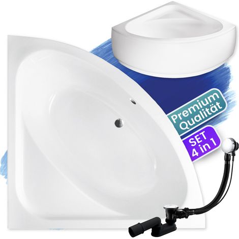 Badewanne Eckbadewanne 148x148 mit AcrylSchürze, Ablaufgarnitur & Füßen GRATIS - Komplettset 4in1 Original Acryl Wanne Siphon - BADLAND LUKSJA (1/5)