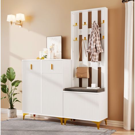Conjunto perchero con mueble zapatero de aglomerado blanco, ganchos dorados, 60,5 x 35,2 x 180,5 cm + 83 x 35 x 101 cm (1/5)