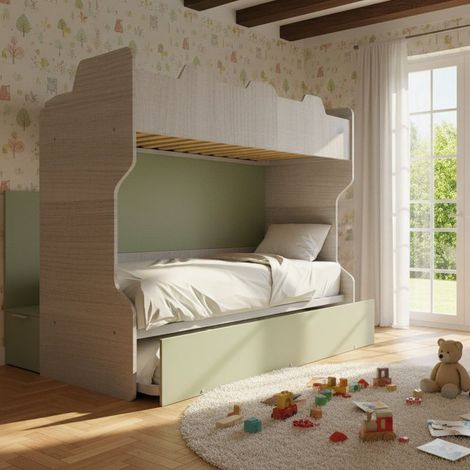 Letto a castello con scala contenitore e terzo letto estraibile - Cameretta salvaspazio - Rovere rock